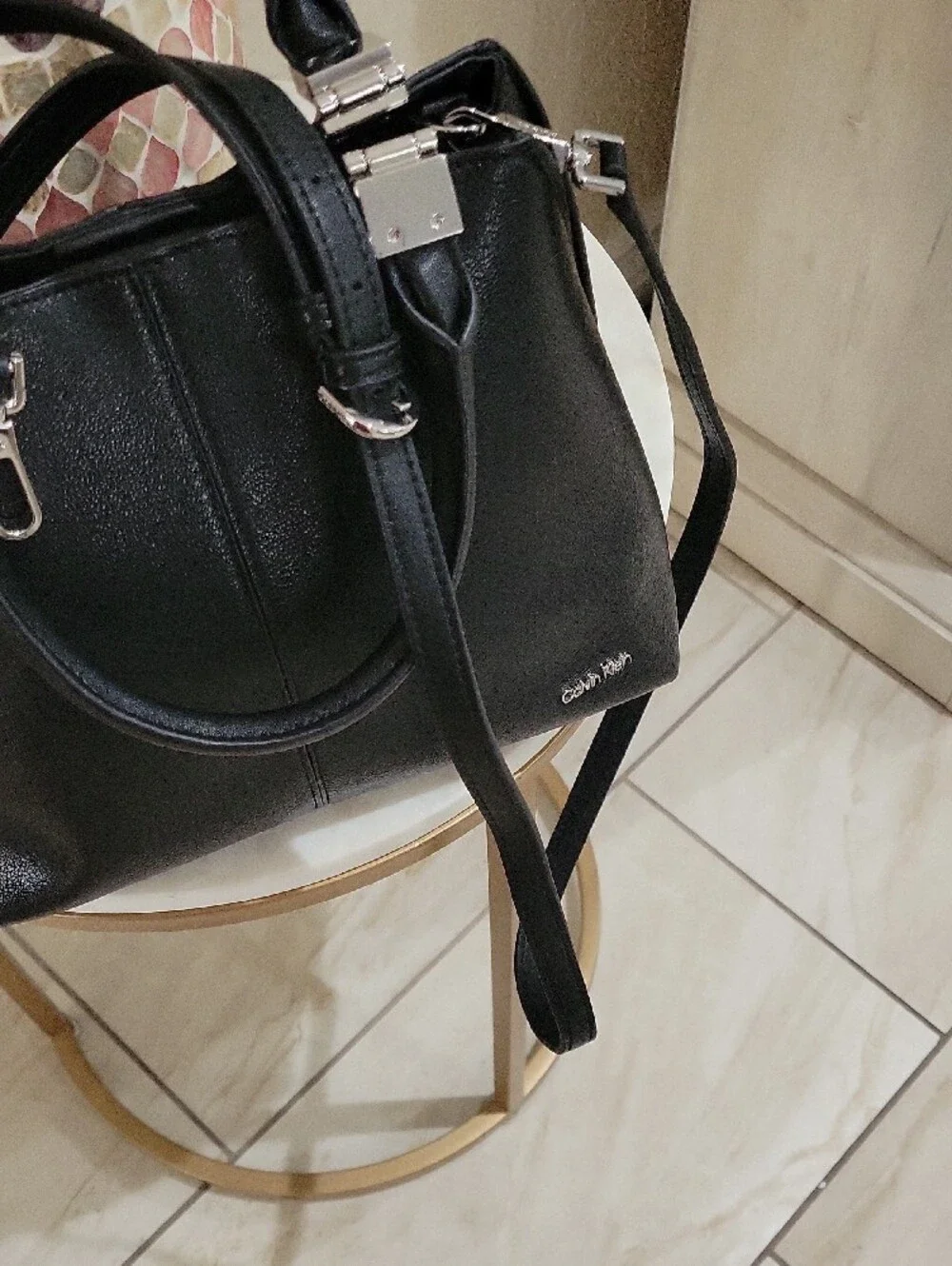 Calvin Klein Black Leather Structured Top-Handle Satchel